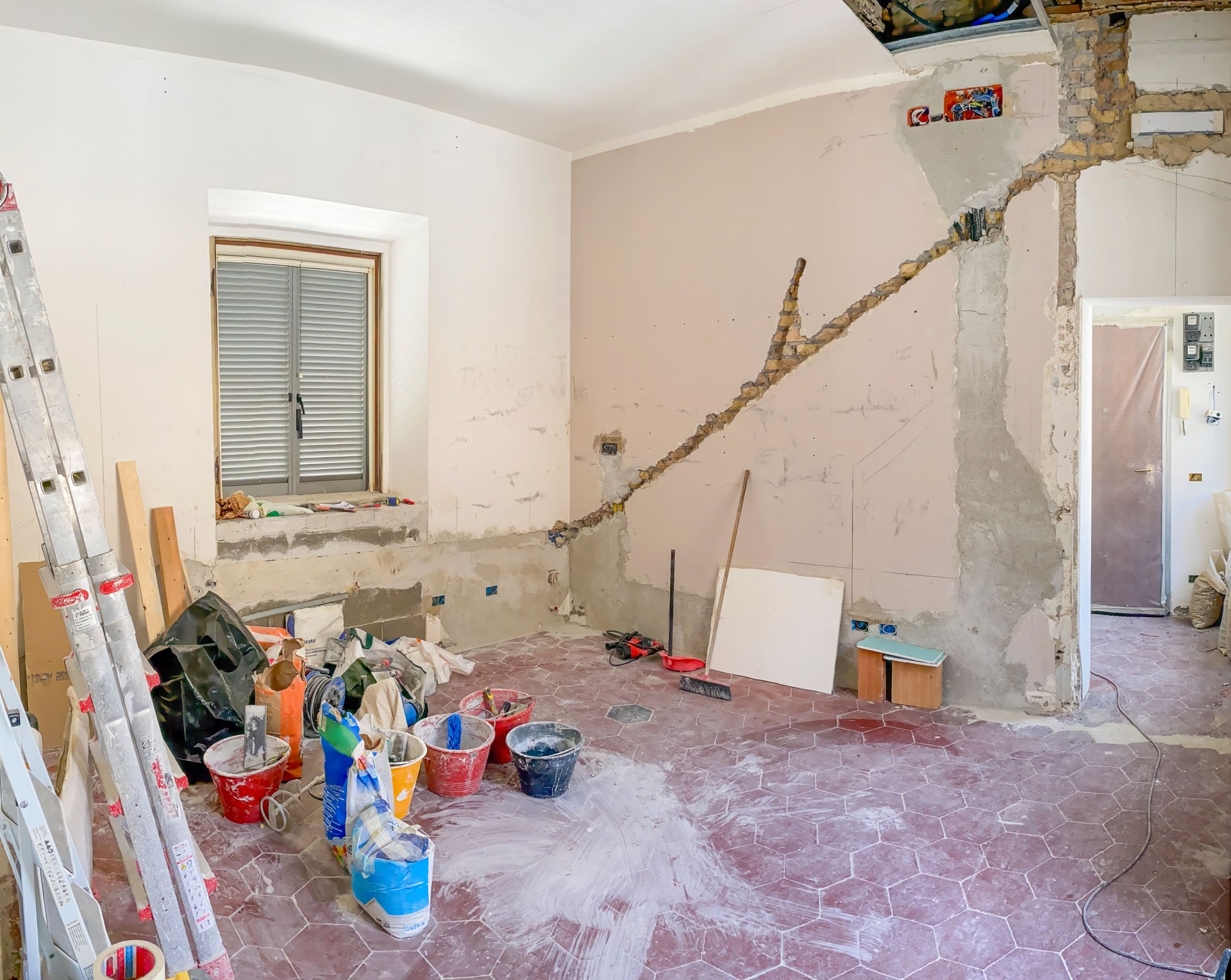 Interior Home Renovation Scene with Construction Tools and Materials